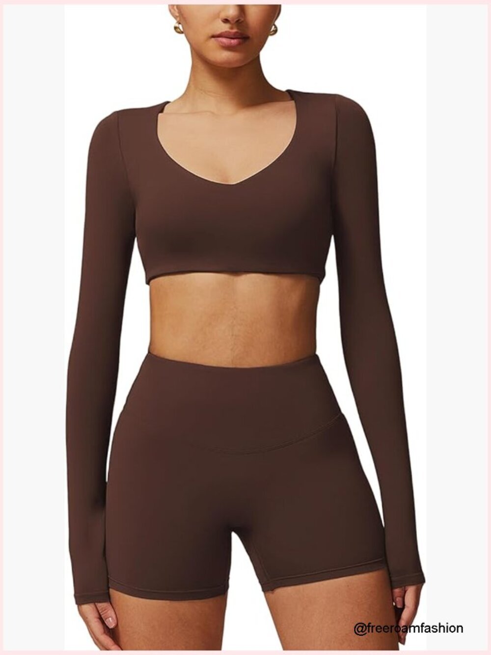 2 Piece Workout Set with Long Sleeve Crop Top and Biker Shorts
